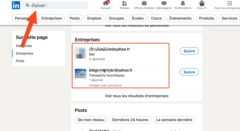Capture d'écran d'une page de recherche LinkedIn 