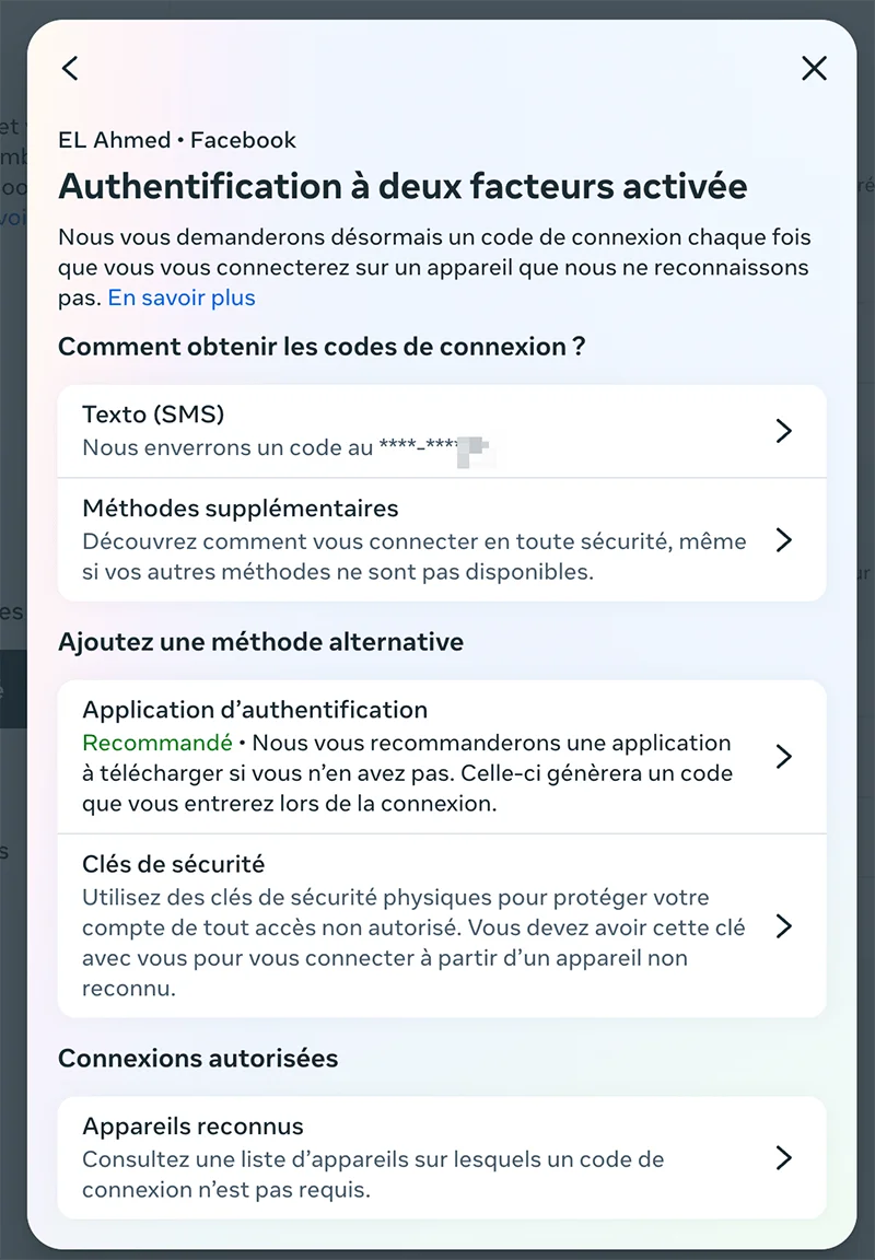 Autentification double facteur facebook