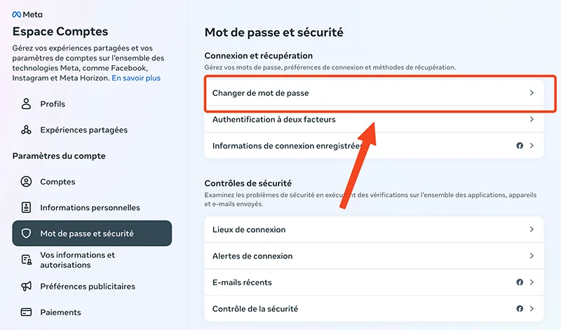 Changer mot de passe facebook