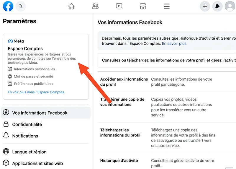 Espace compte facebook
