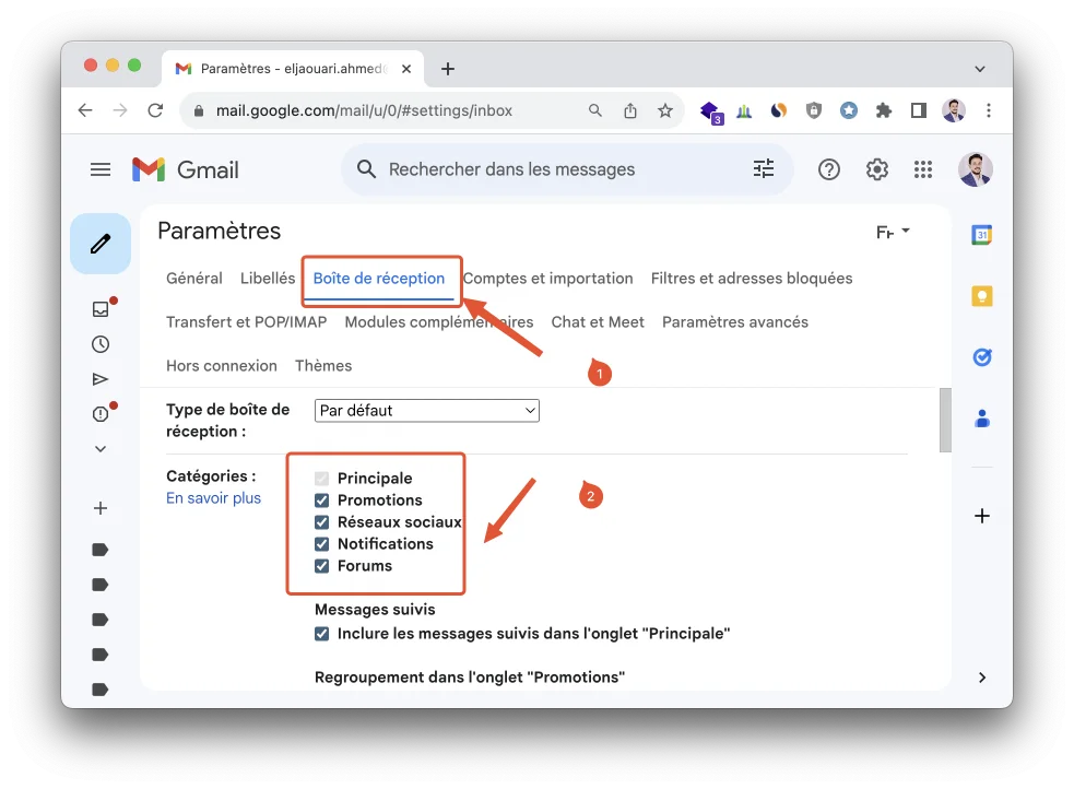 Categorie boite reception gmail
