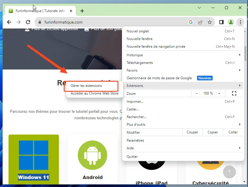 Gerer extention google chrome