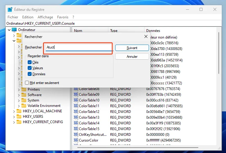 Rechercher Atuct registre