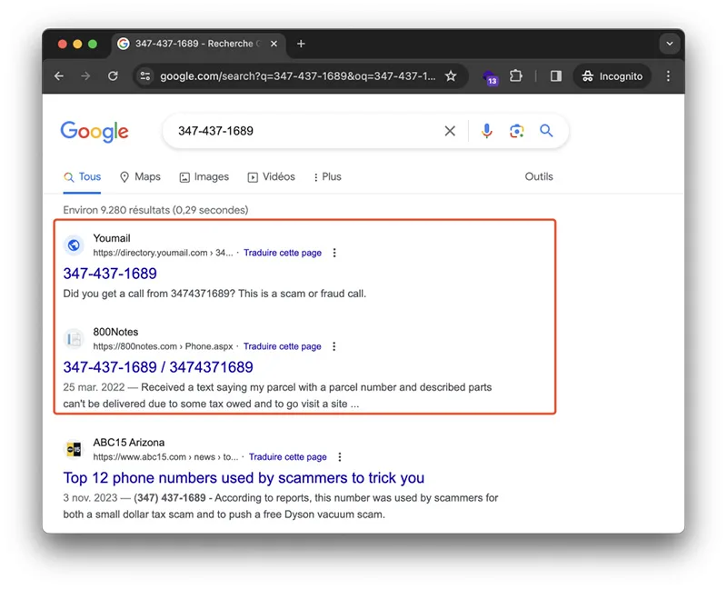 Resulat recherche google numero arnaque