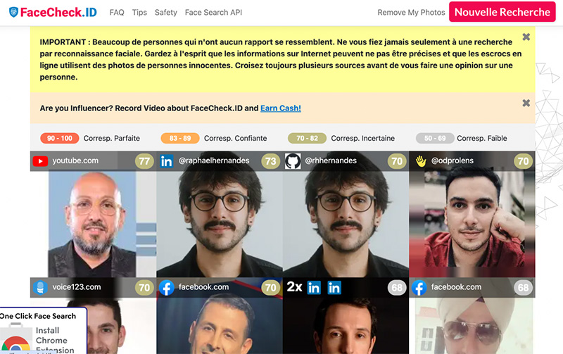 Résultats obtenus sur FaceCheck.ID