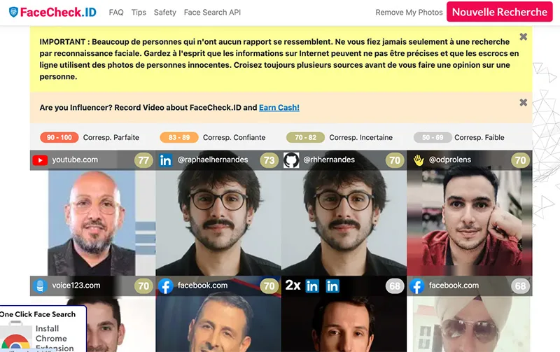 Résultats obtenus sur FaceCheck.ID