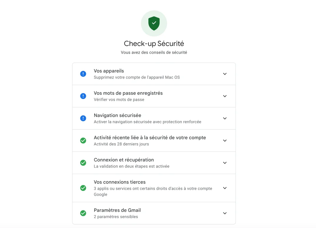 capture écran montrant Check-up Sécurité sur Compte Google