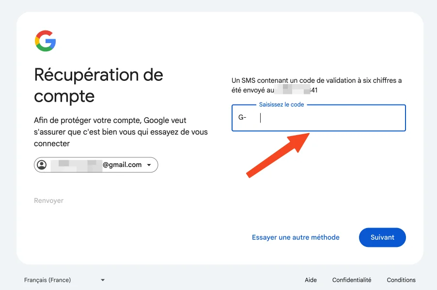Barre texte pour entrer code sms recuperation compte google