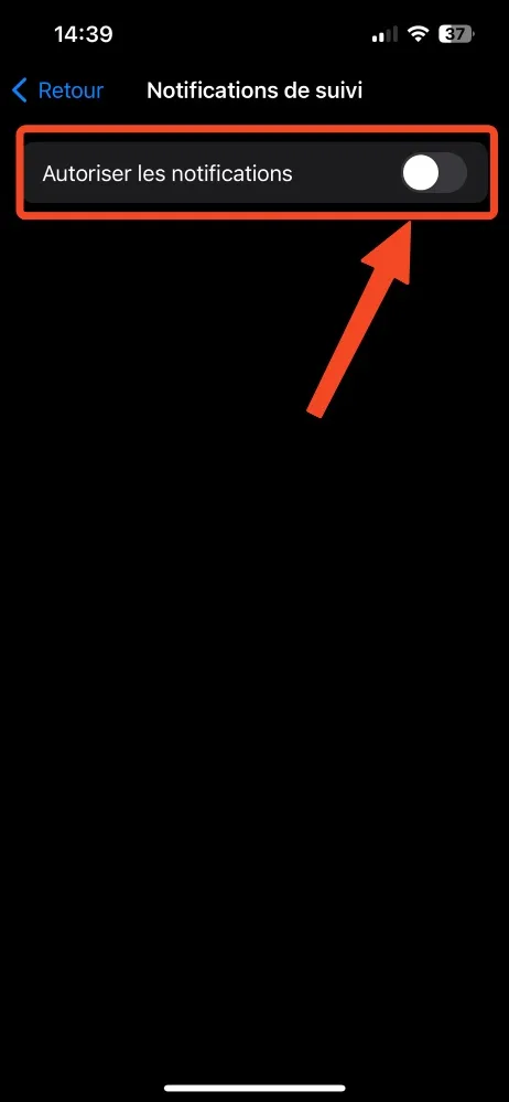 Capture d'écran montrant l'interrupteur désactivé dans le menu Autoriser les notifications de suivi sur un iPhone