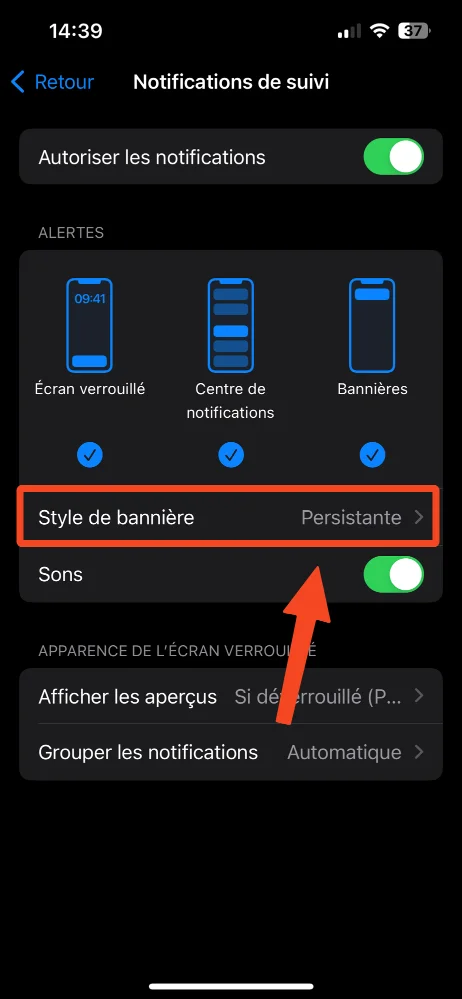Capture d'écran montrant le style de bannière sur un iPhone