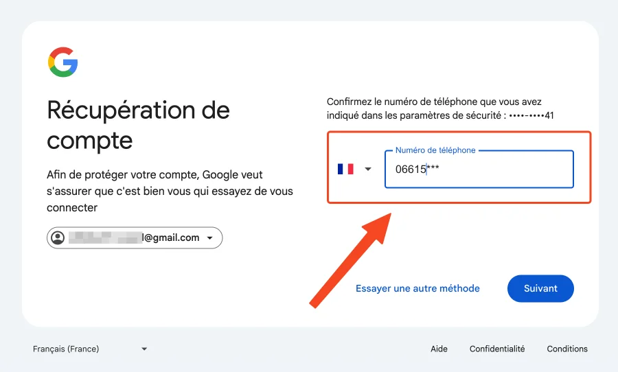 Interface montrant méthode pour confirmer le numéro de téléphone pour la récupération du compte Gmail.