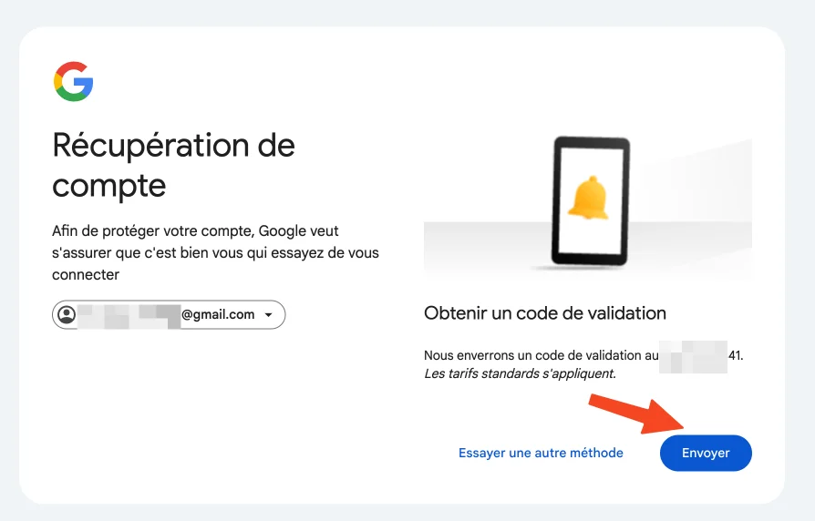 Capture d'écran montrant l'interface de récupération de compte Google Gmail pour l'envoi d'un code de validation par SMS.