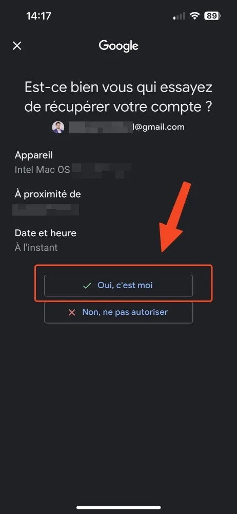 Notification gmail sur iphone pour recuperer mot de passe