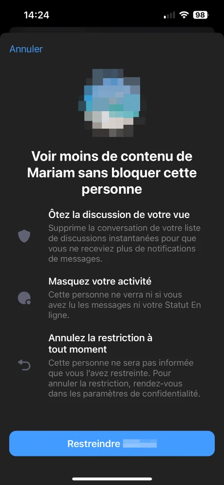 Capture d'écran montrant comment restreindre un personne sur Messenger