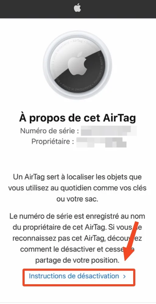 Safari informations airtag instruction desactiviation