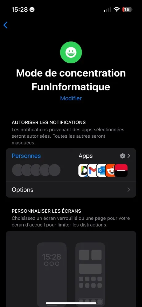 Concentration mode personalisee iphone