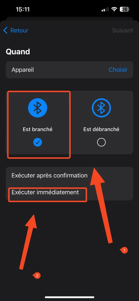Bluetooth branche action raccourcis iphone