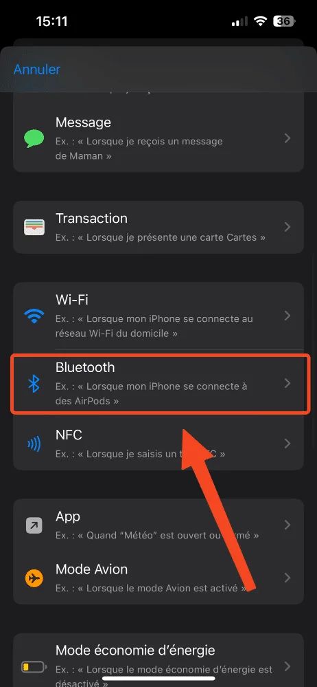 Bluetooth raccourcis iphone