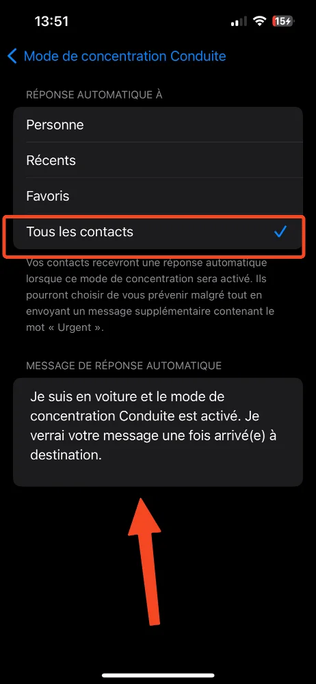 Message reponse conduite mode concentration