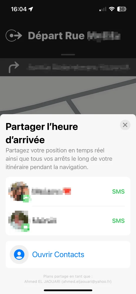 Partager heure arrivee iphone voiture