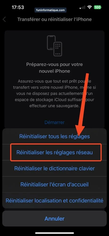 Reinitialiser reglages reseau