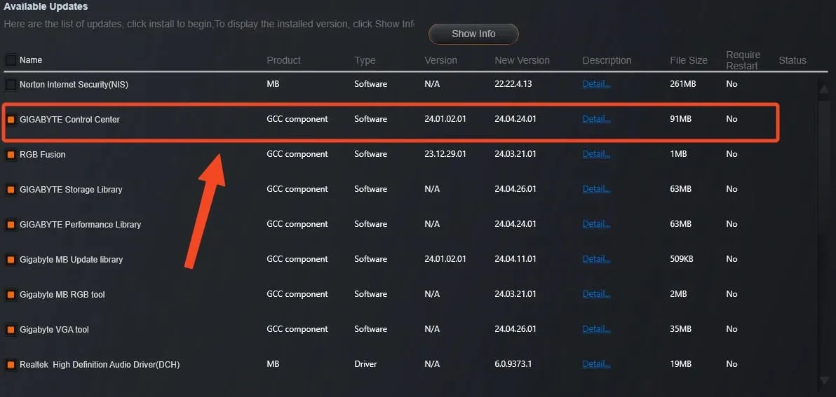 Mise ajpur logiciel gigabyte control center