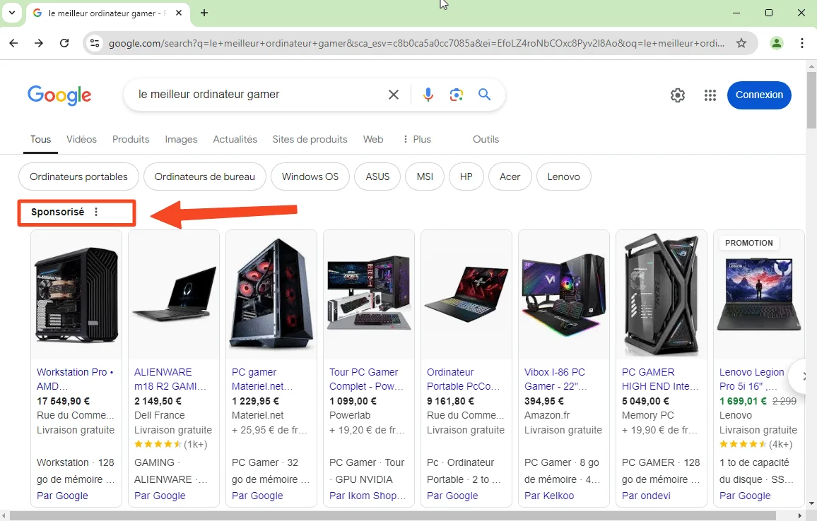 Capture ecran montrant resulat recherche google shoping mot cle meilleur pc gamer