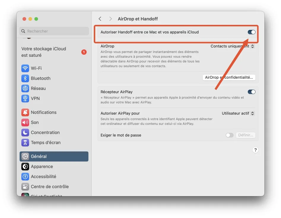 Autoriser handoff entre ce mac appareils icloud