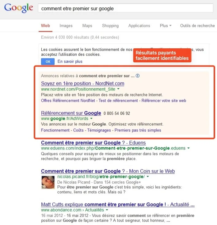 Capture ecran montrant resulat payant sur google avant