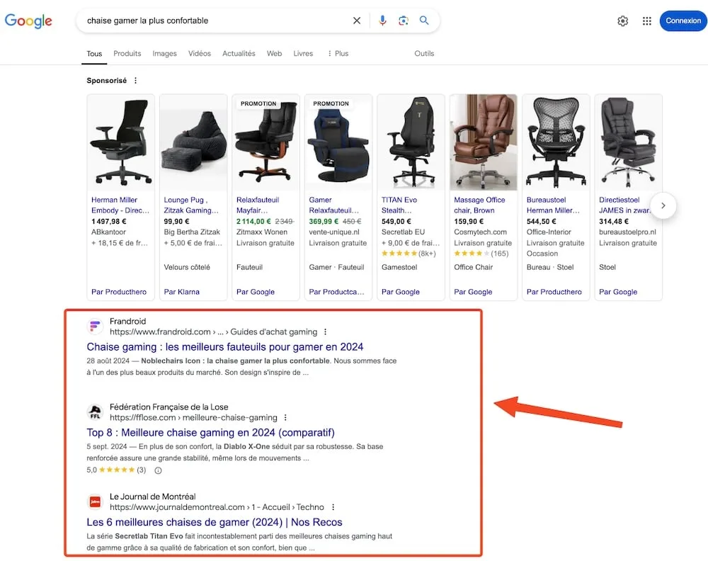 Capture ecran montrant resulat recherche google mot cle chaise gamer confortable