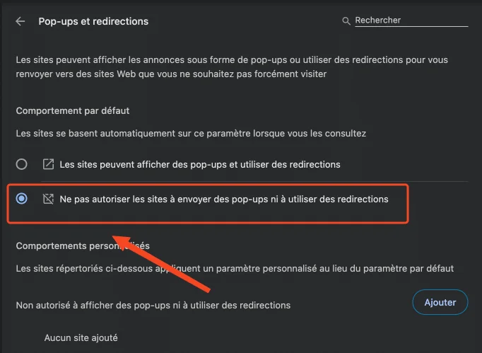 Pop up redirection desactiver chrome