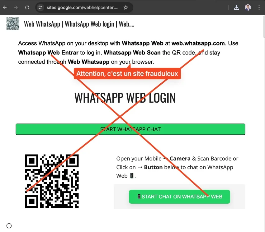 Site franduleux whatsapp web