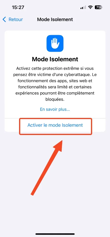 Activer mode isolement iphone