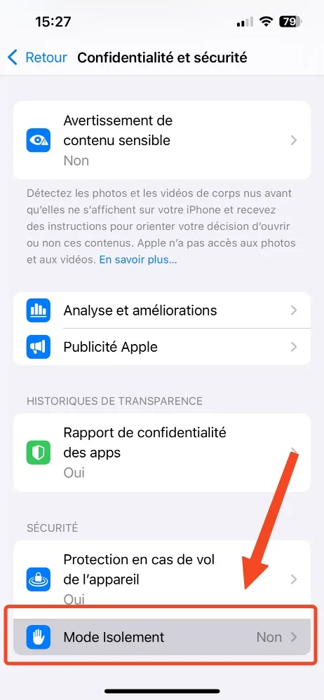 Mode isolement iphone