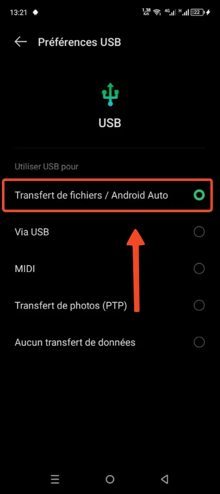 Transfert fichiers android USB