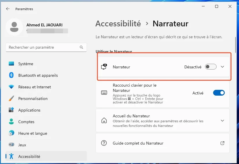 Naratteur windows 11 desactiver
