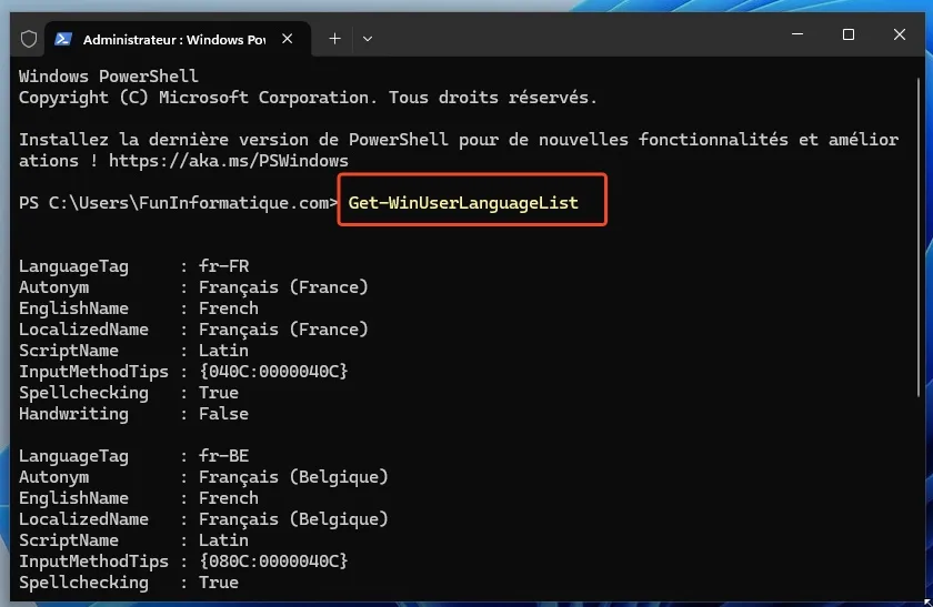 Powershell commande liste language clavier