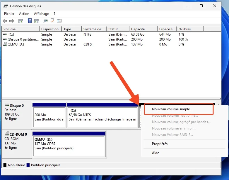Nouveau volume simple windows 11 parition