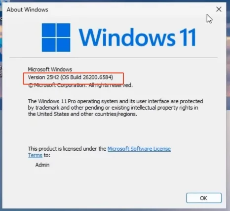 Windows version 25H2