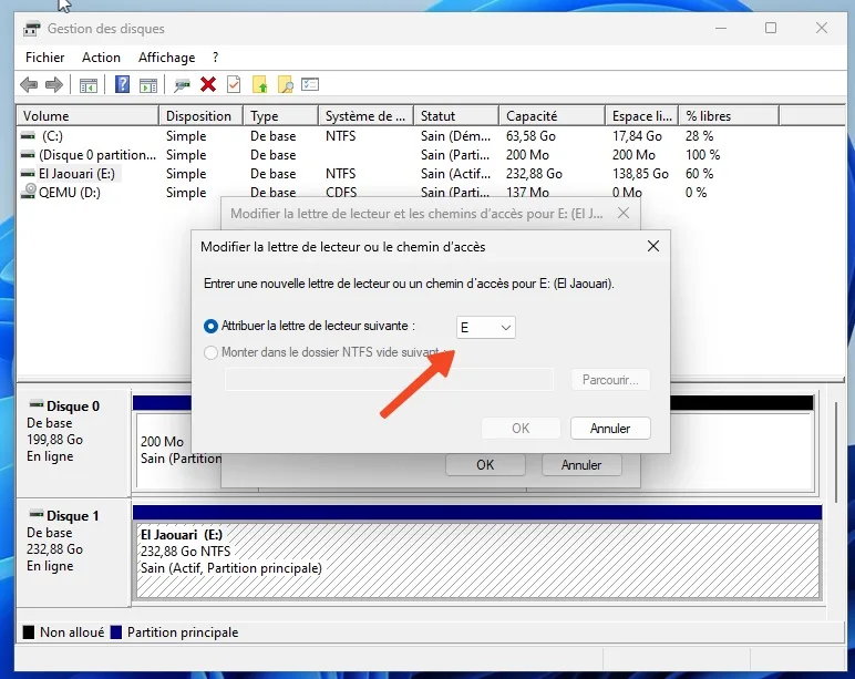 Gestion disque windows lettre
