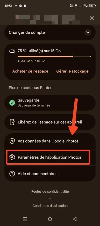 Parametres application photos