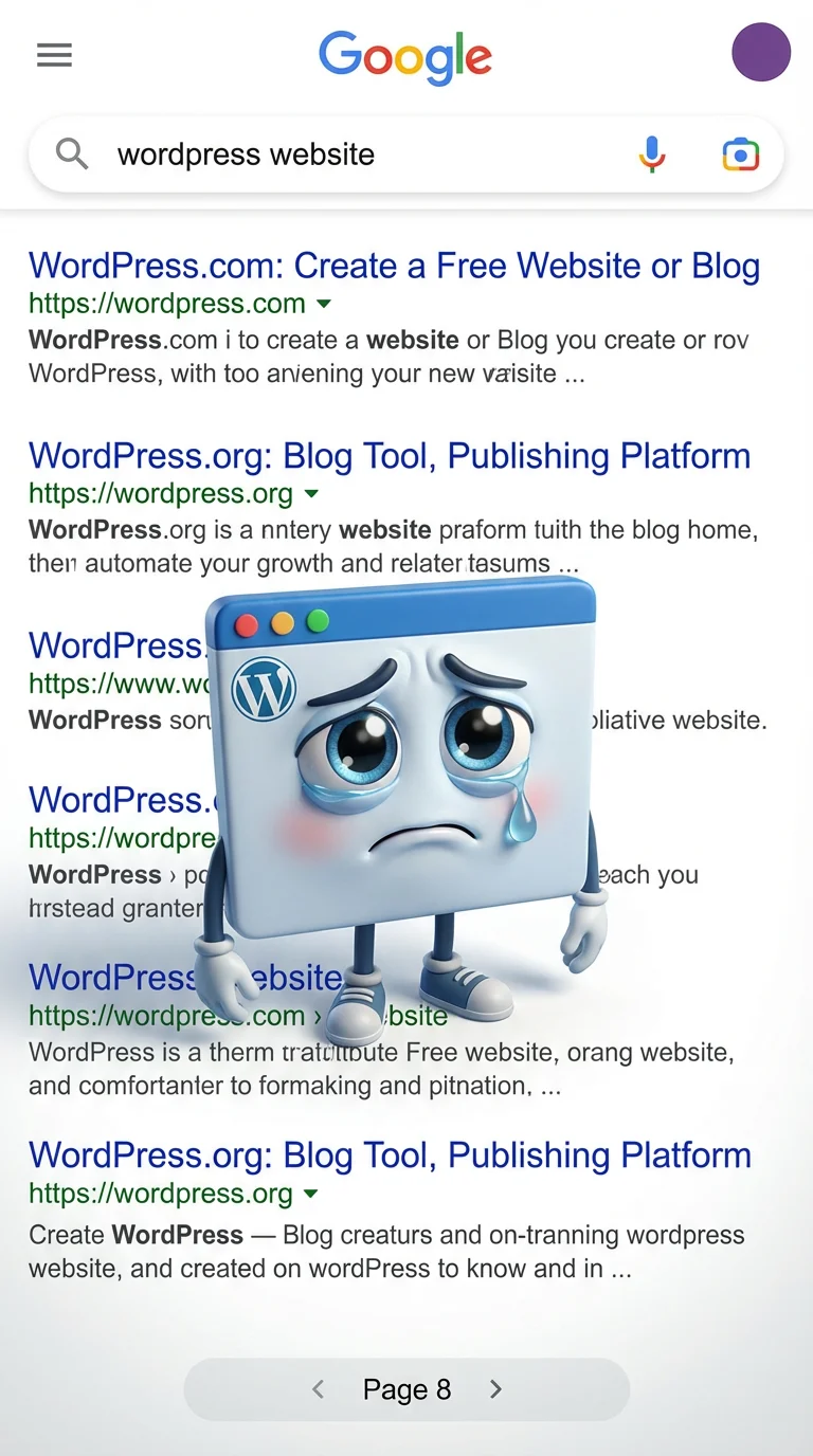 Personnage animé WordPress triste coincé en page 8 Google
