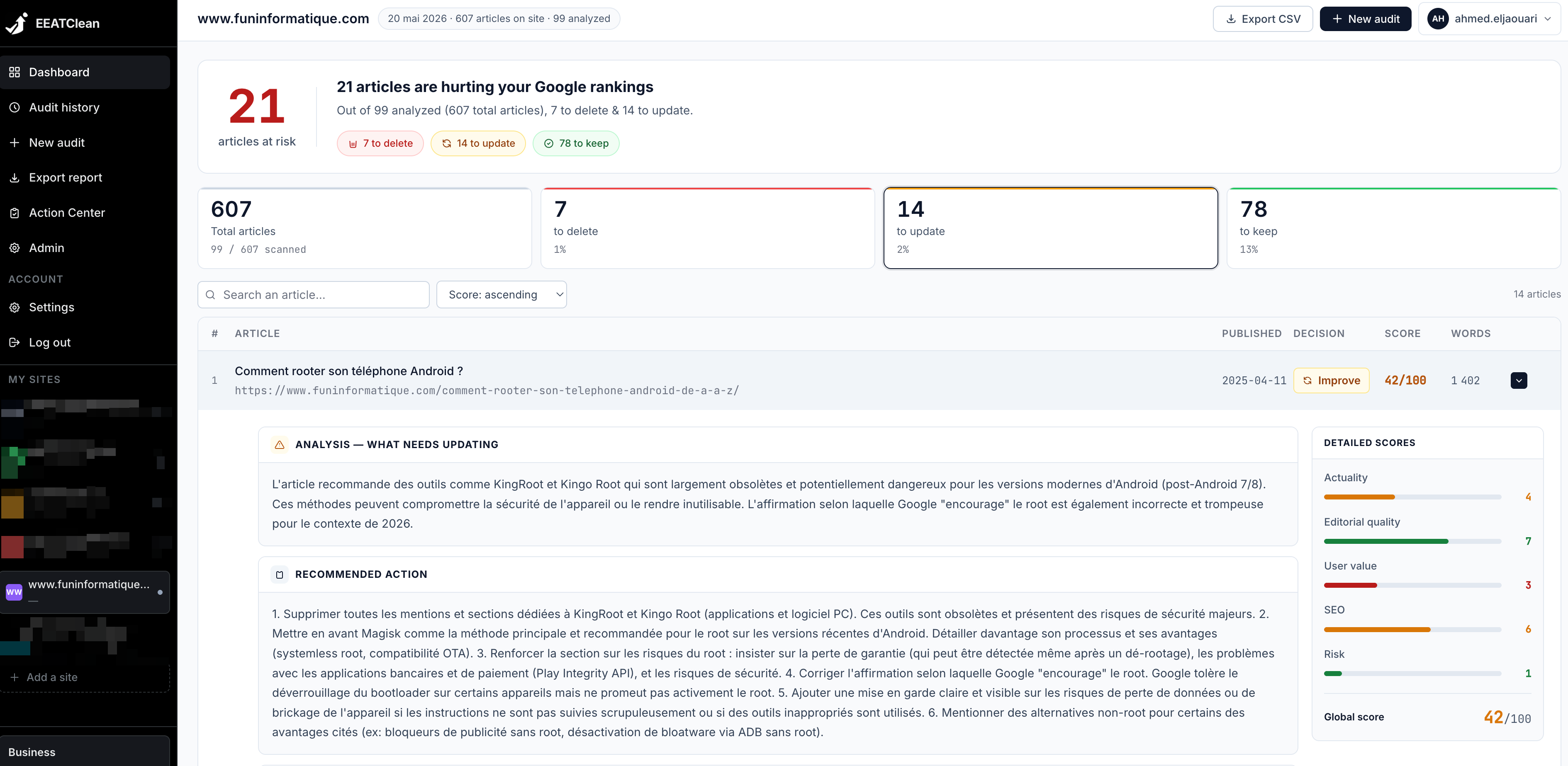 Interface EEATClean - résultats du scan de FunInformatique